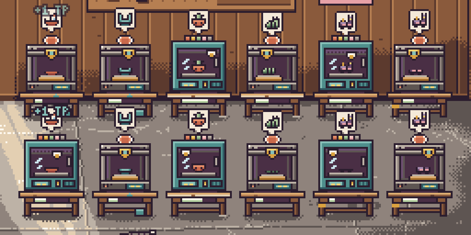 Two rows of 3D printers on benches, every one of them part way through a job, with a little thought bubble over each bed showing what it is making.